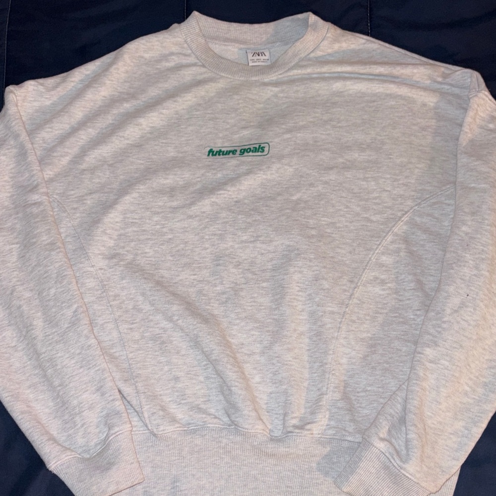 Zara Light Gray Crewneck Sweater with Teal Logo